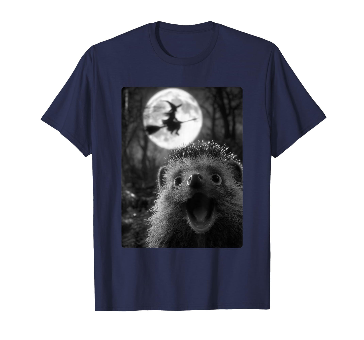 Funny Hedgehog Selfie with Full Moon Flying Witch Halloween T-Shirt