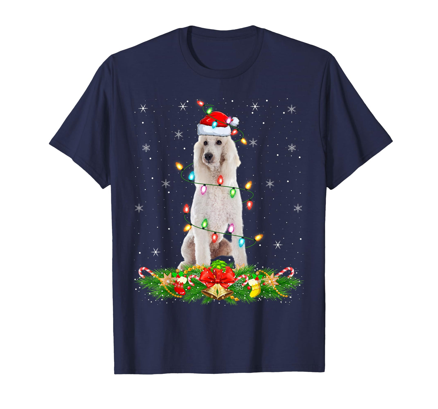 Standard Poodle Dog Christmas Lights Funny Santa Hat Xmas T-Shirt