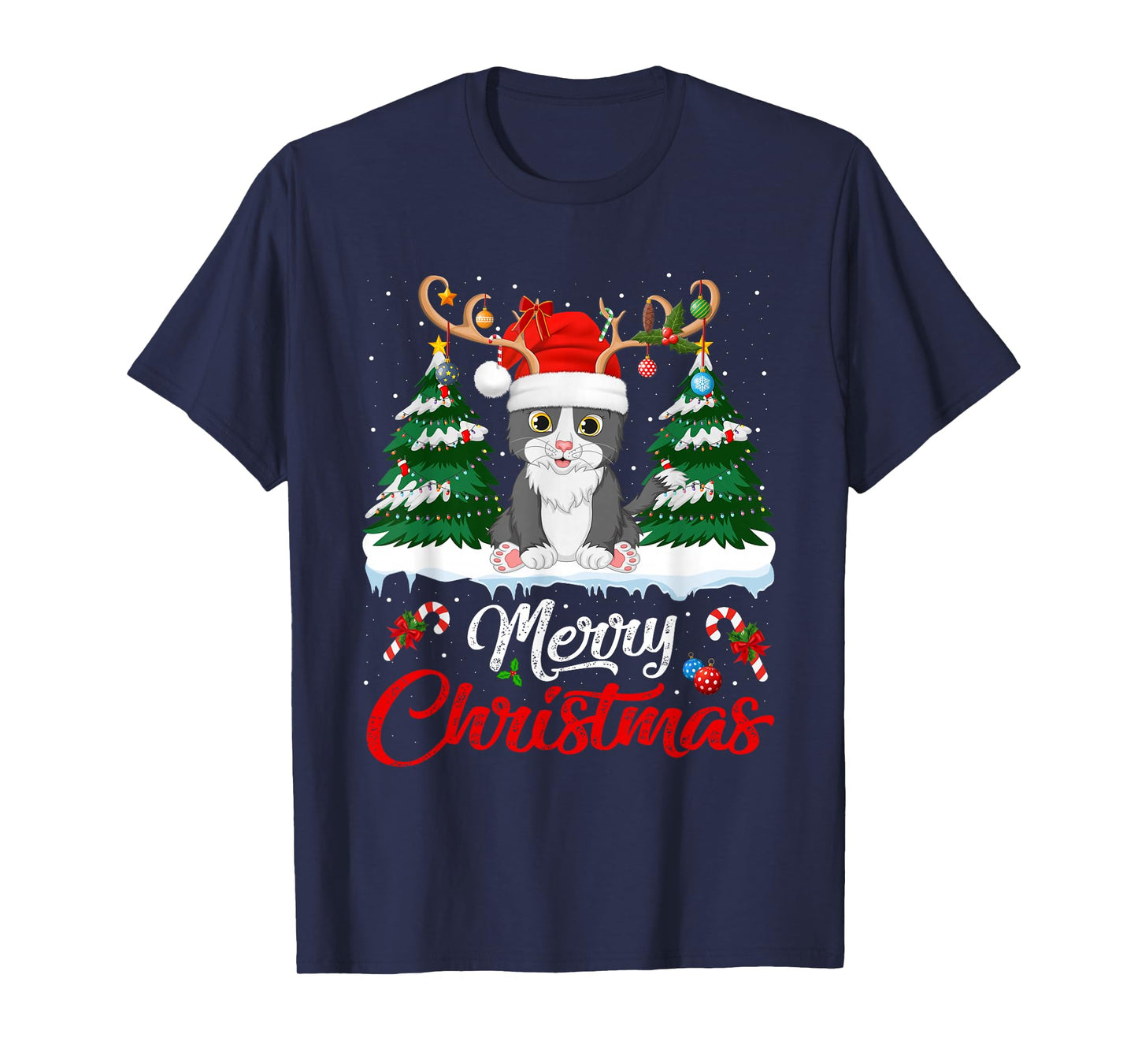 Cat Christmas Tree Lights Reindeer Santa Hat Funny Cat Xmas T-Shirt