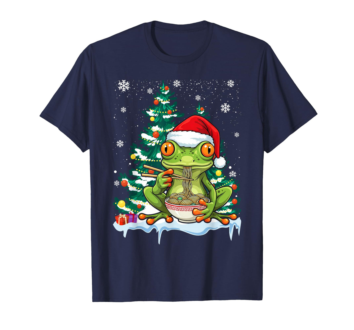 Frog Eating Ramen Santa Hat Christmas Pajama Japanese Food T-Shirt