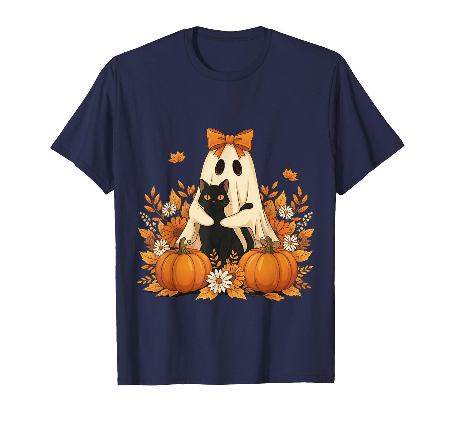 Vintage Halloween Ghost Holding Black Cat Groovy Floral T-Shirt