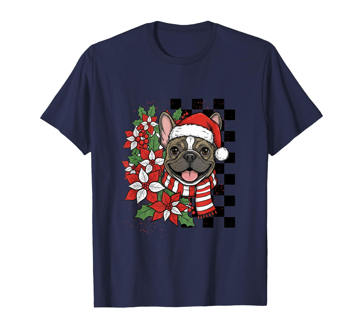 French Bulldog Christmas Frenchie Santa Checkerboard T-Shirt