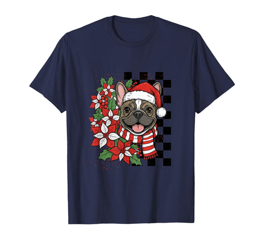 French Bulldog Christmas Frenchie Santa Checkerboard T-Shirt