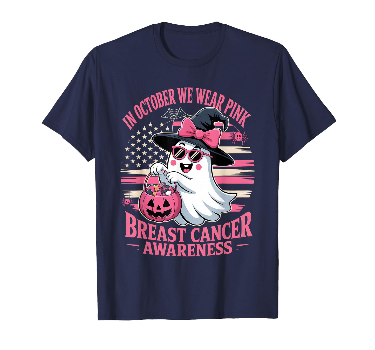 in October We Wear Pink Ghost Witch Breast Cancer Awareness T-Shirt