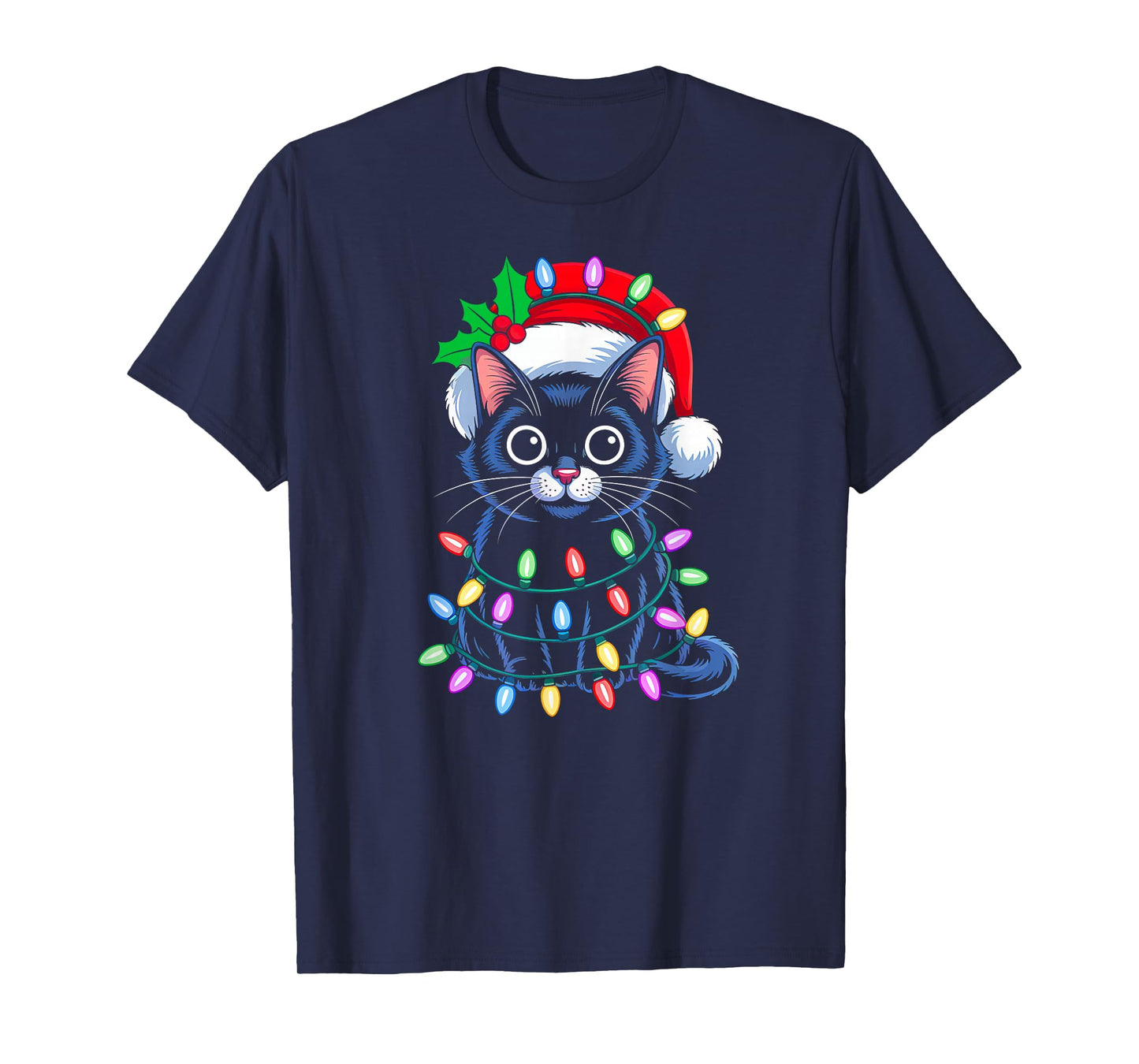 Black Cat Christmas Lights Red Santa Hat Christmas Cat Lover T-Shirt