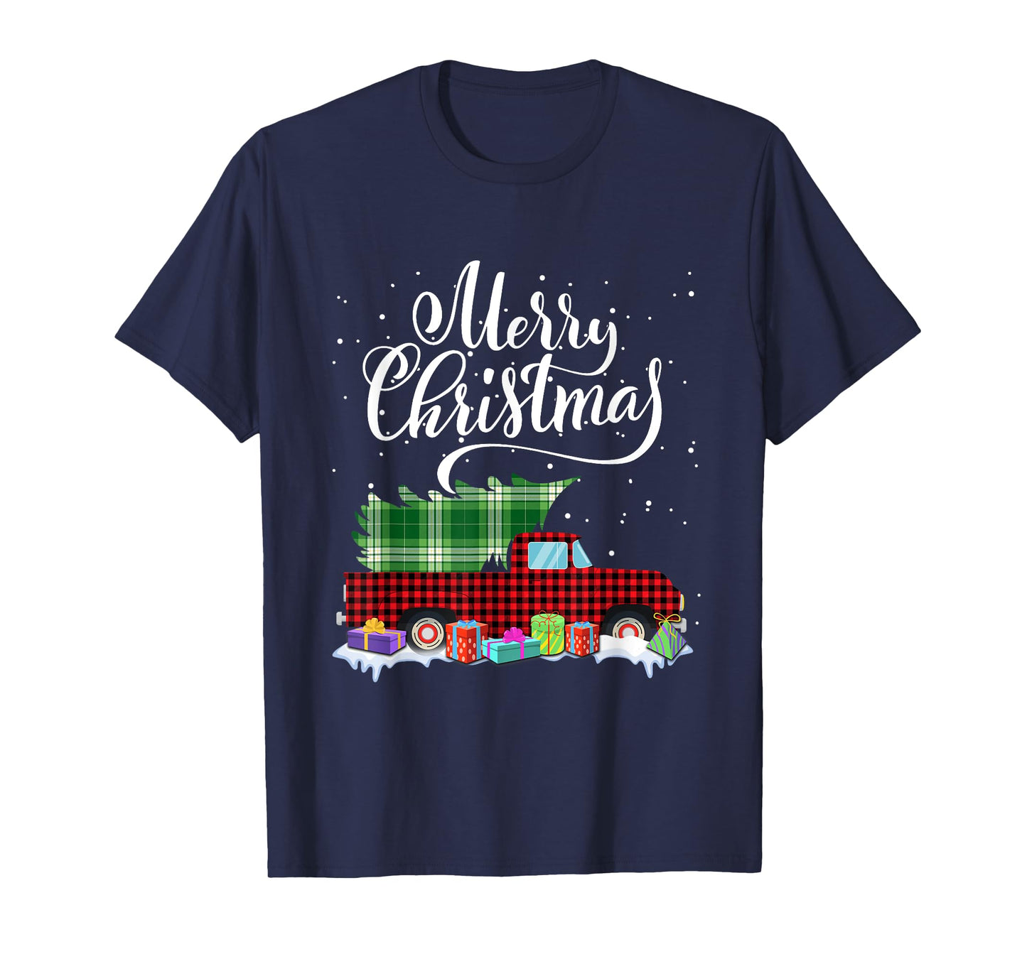Funny Cars Christmas Tree Buffalo Plaid Red Xmas Men Boys T-Shirt