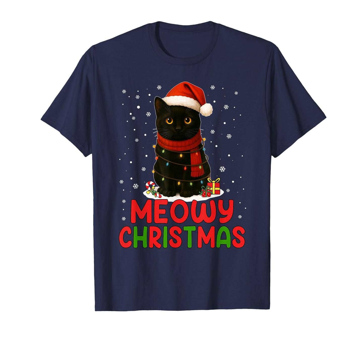 Cute Meowy Christmas Santa Hat Funny Black Cat Men Women Kid T-Shirt