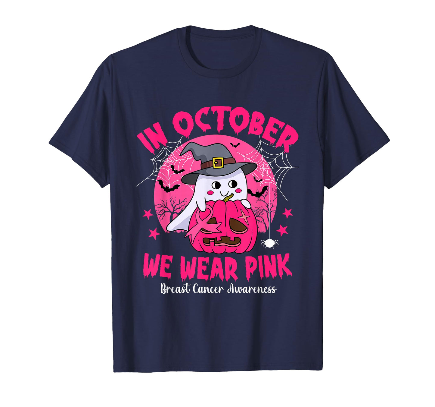 in October We Wear Pink Ghost Witch Breast Cancer Awareness T-Shirt