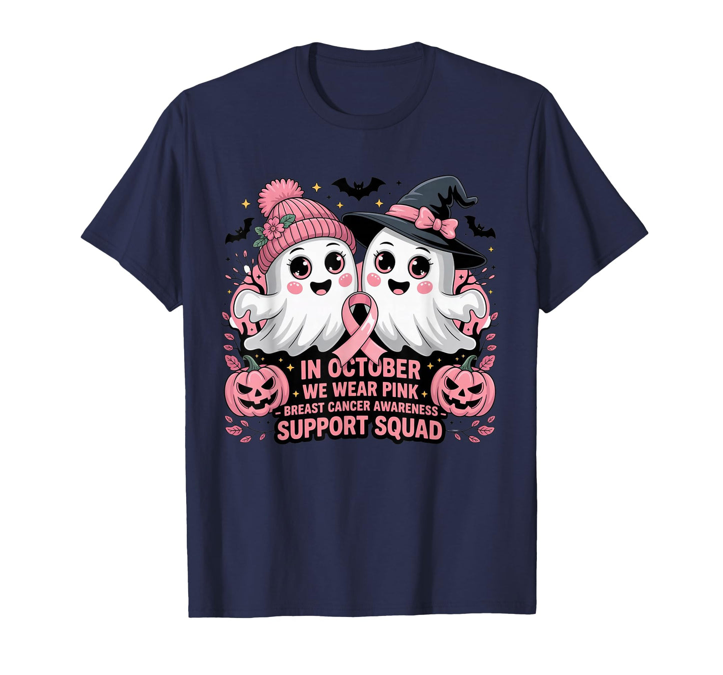 Support Squad We Wear Pink Ghost Witch October Breast Cancer T-Shirt