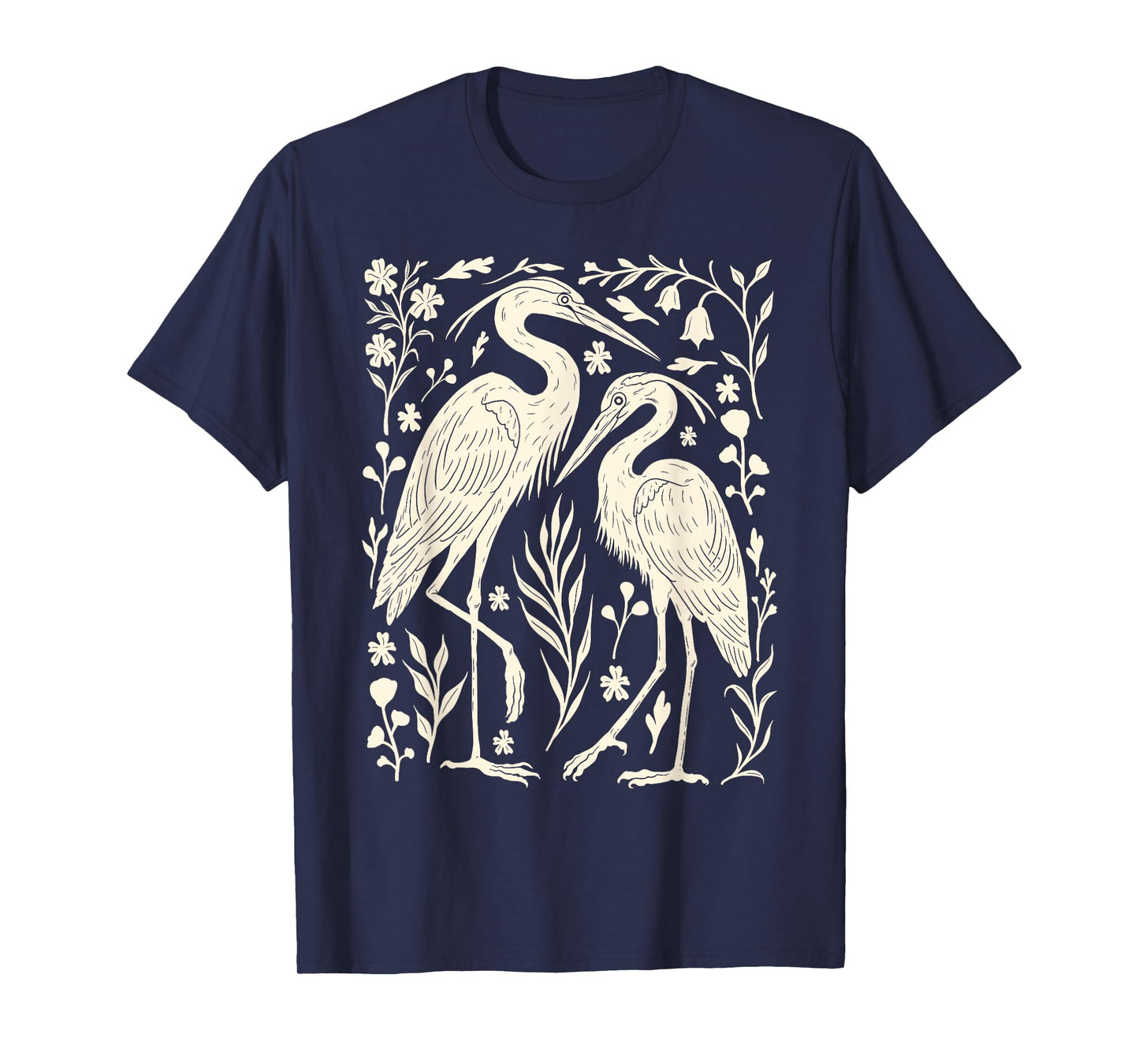 Blue Heron Linocut Nature Lino Print Bird Folk Art Forest T- T-Shirt