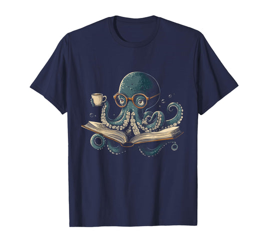Octopus Reading Book Coffee Funny Book Lover Bookworm Nerd T-Shirt