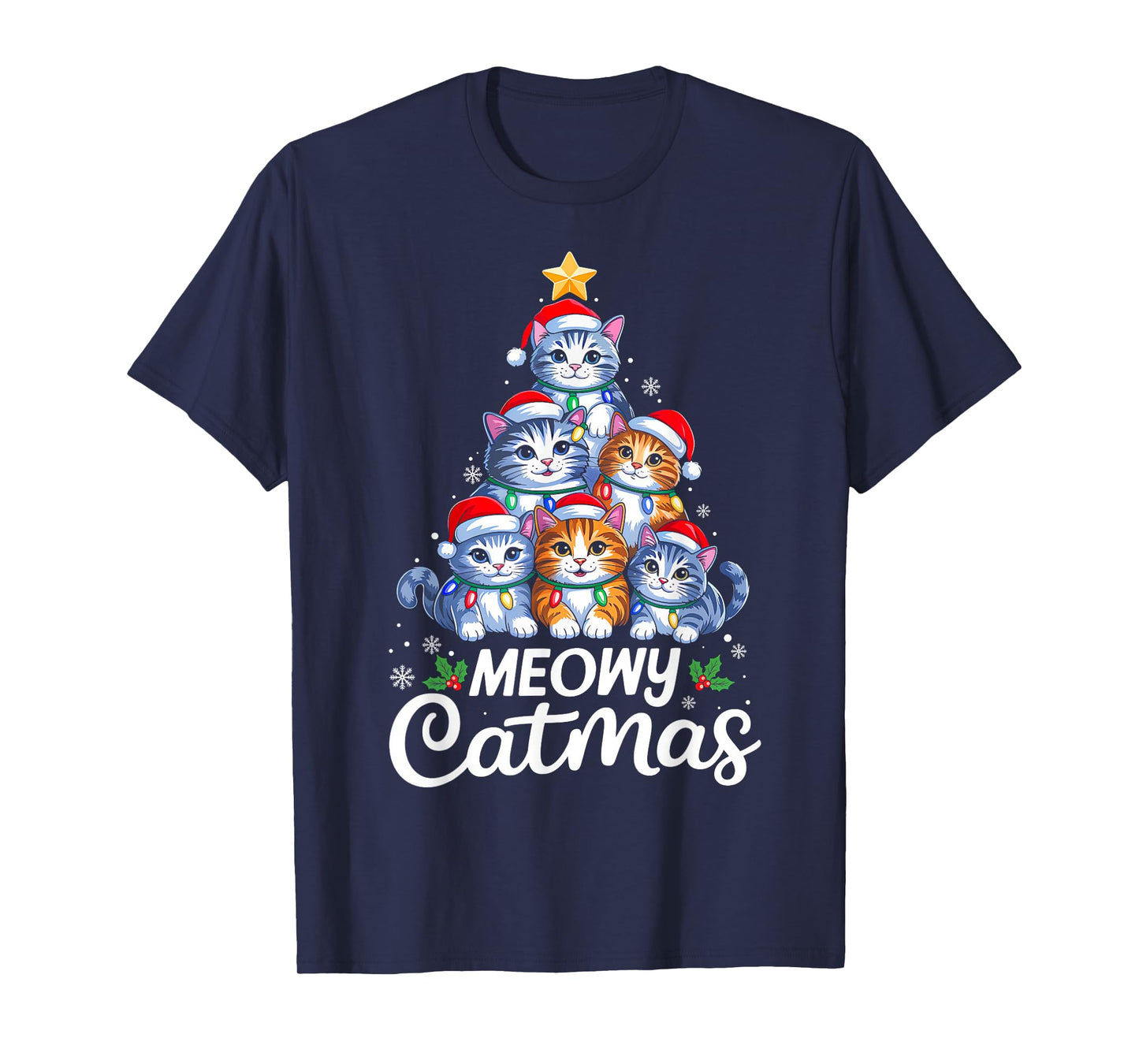Meowy Catmas Christmas Tree Lights Cat Kitten Santa Hat Xmas T-Shirt