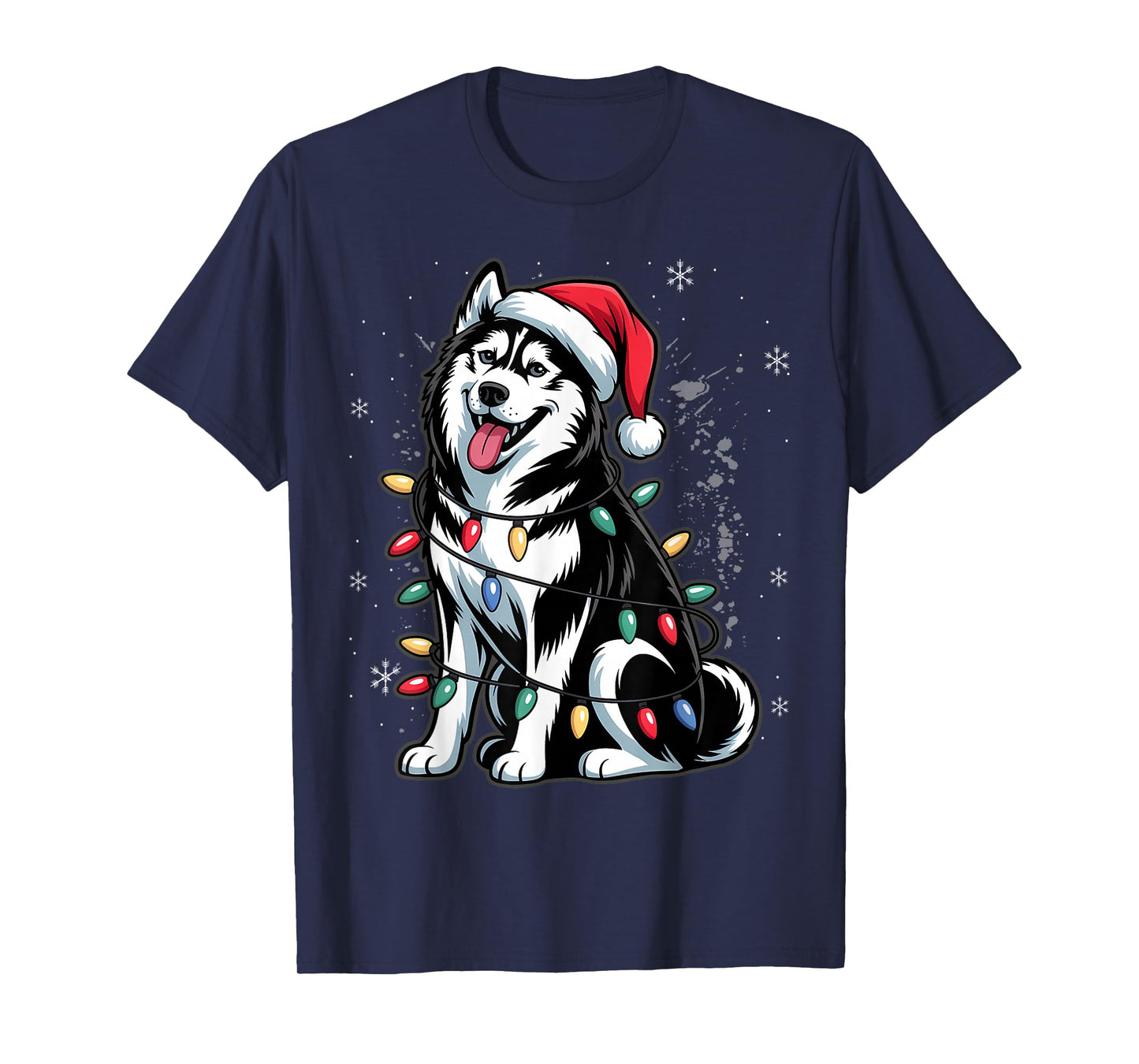 Siberian Husky Santa Christmas Tree Lights Xmas Boys Dog T-Shirt