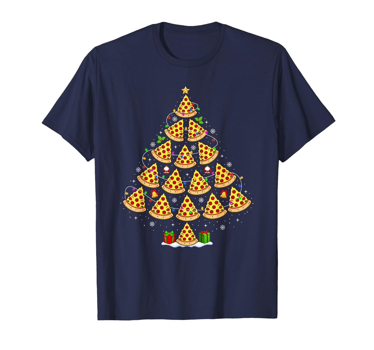 Pizza Christmas Tree Lights Funny Xmas Santa Hat Food Lover T-Shirt