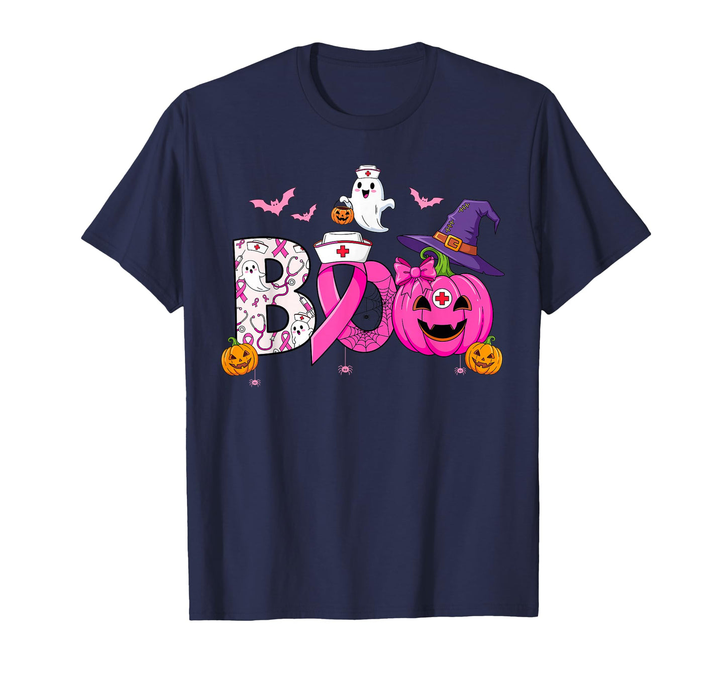 Boo Ghost Breast Cancer Awareness Nurse Witchy Pink Pumpkin T-Shirt