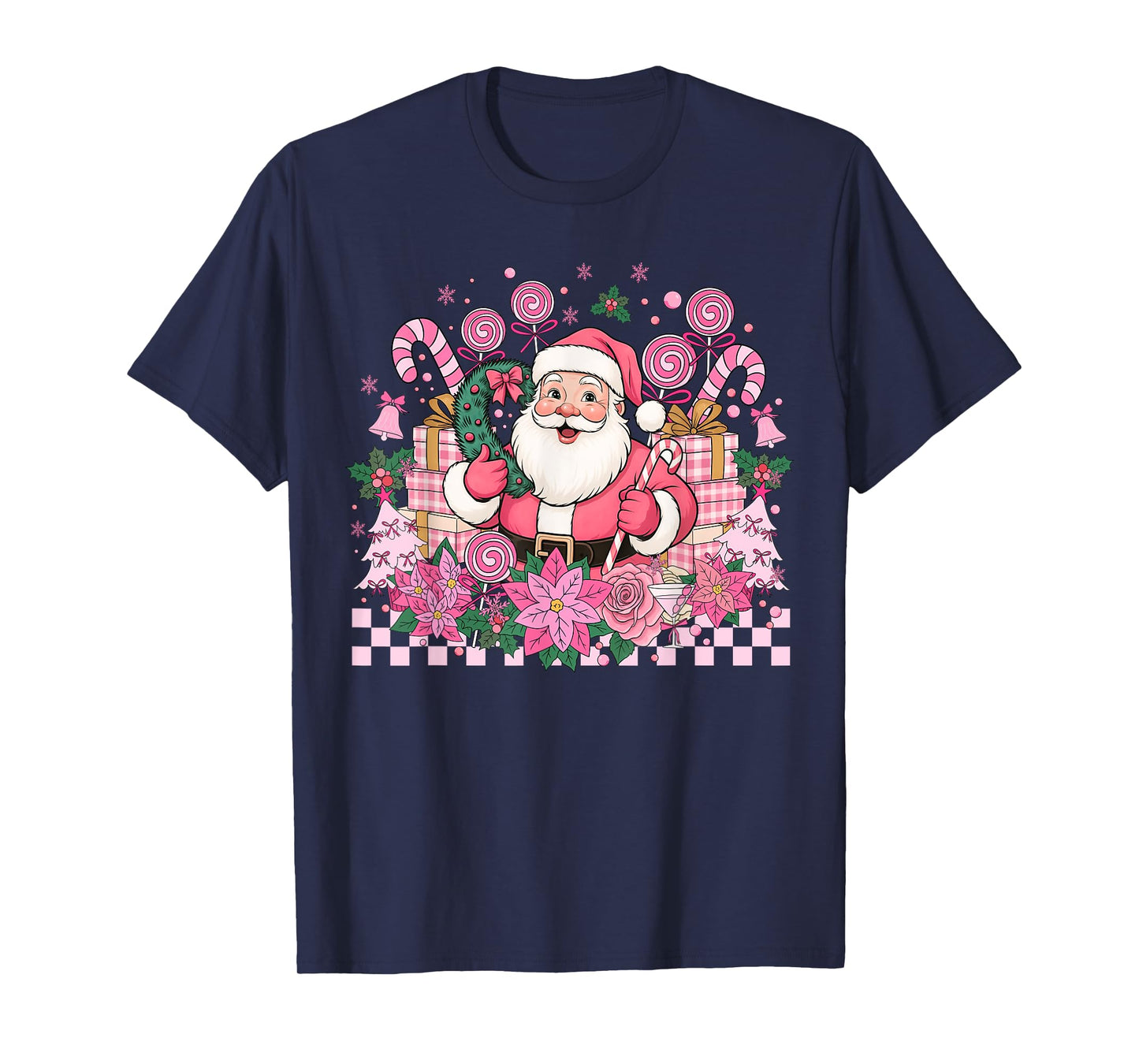Vintage Pink Santa Claus Merry Christmas Pajamas Xmas Women T-Shirt