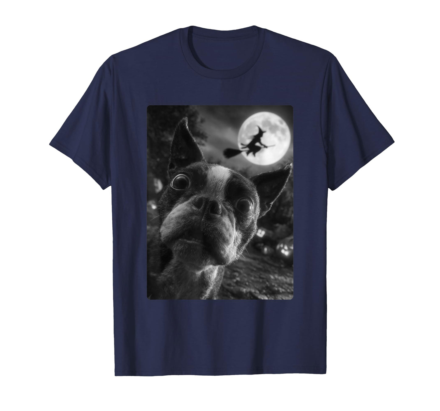 Boston Terrier Selfie Full Moon Flying Witch Halloween Dog T-Shirt