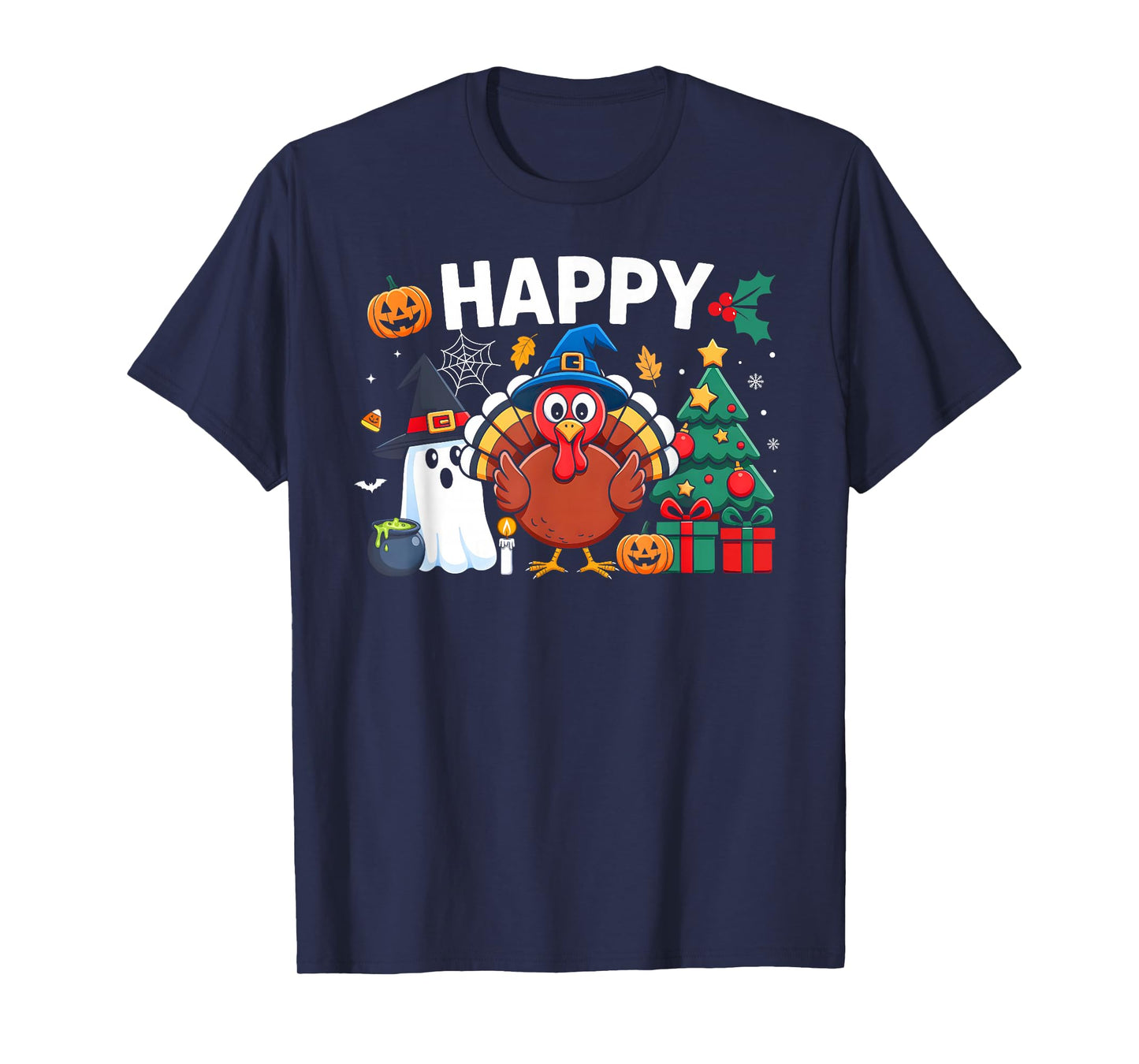 Happy Hallothanksmas Halloween Thanksgiving Merry Christmas T-Shirt