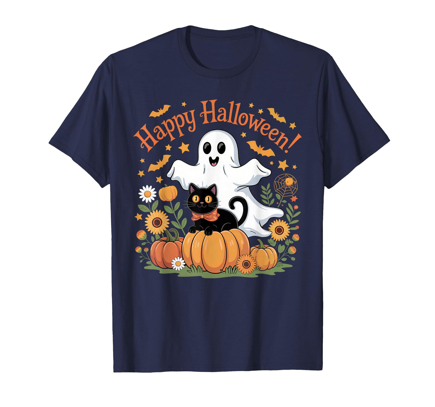 Womens Halloween Ghost Black Cat Ghost Halloween Girls T-Shirt
