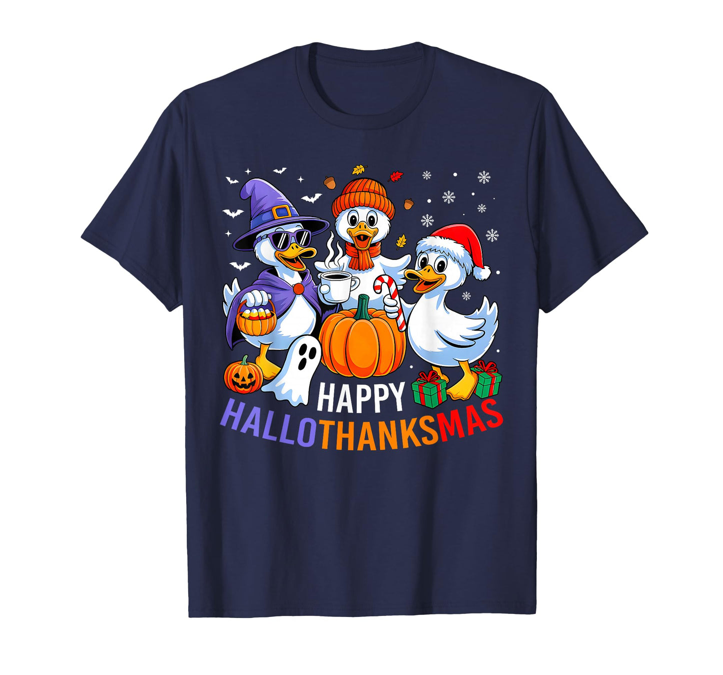 Happy HalloThanksMas Halloween Thanksgiving Christmas Duck T-Shirt