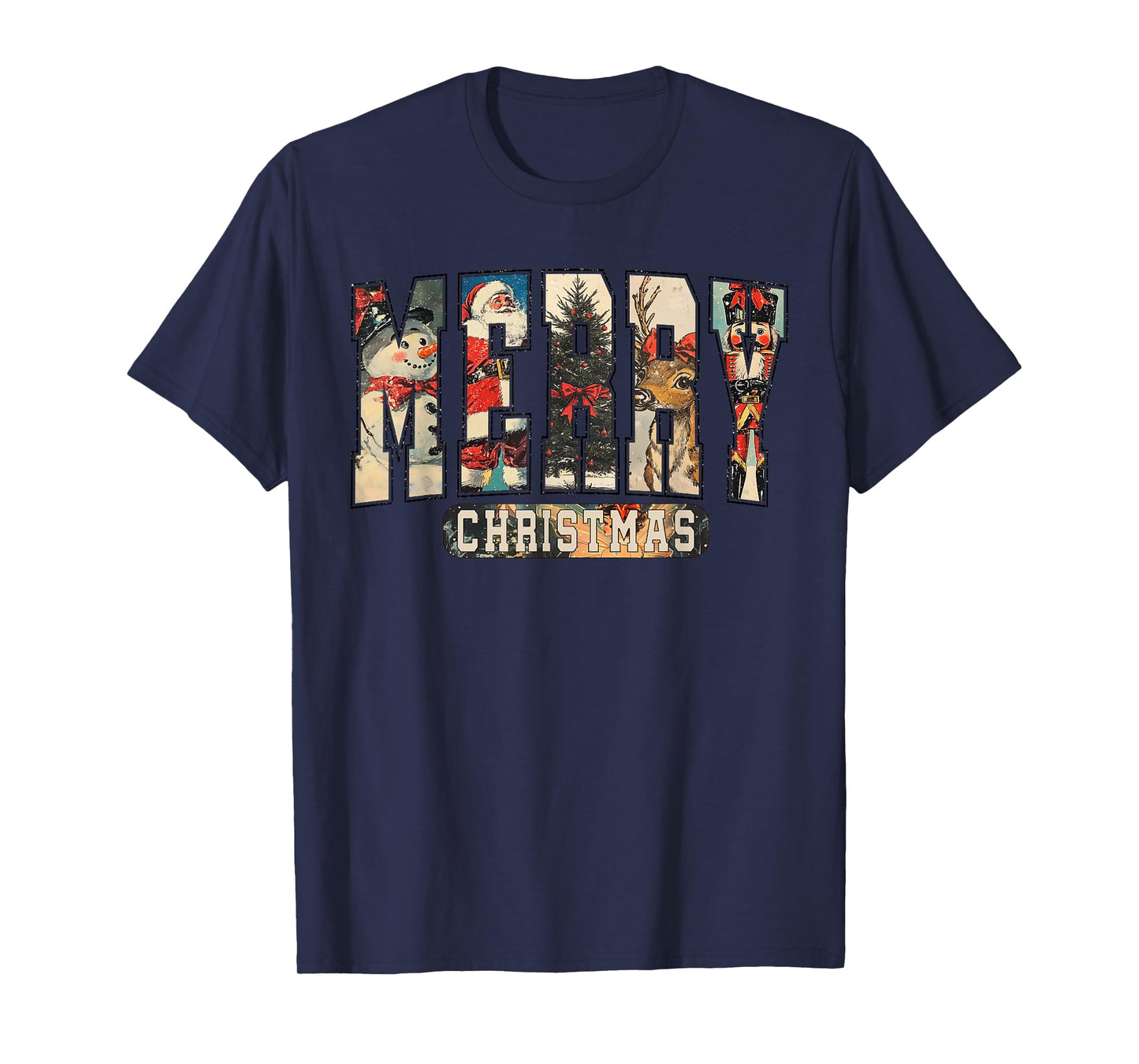 Retro Merry Christmas Santa Claus Reindeer Snowman Cute Xmas T-Shirt