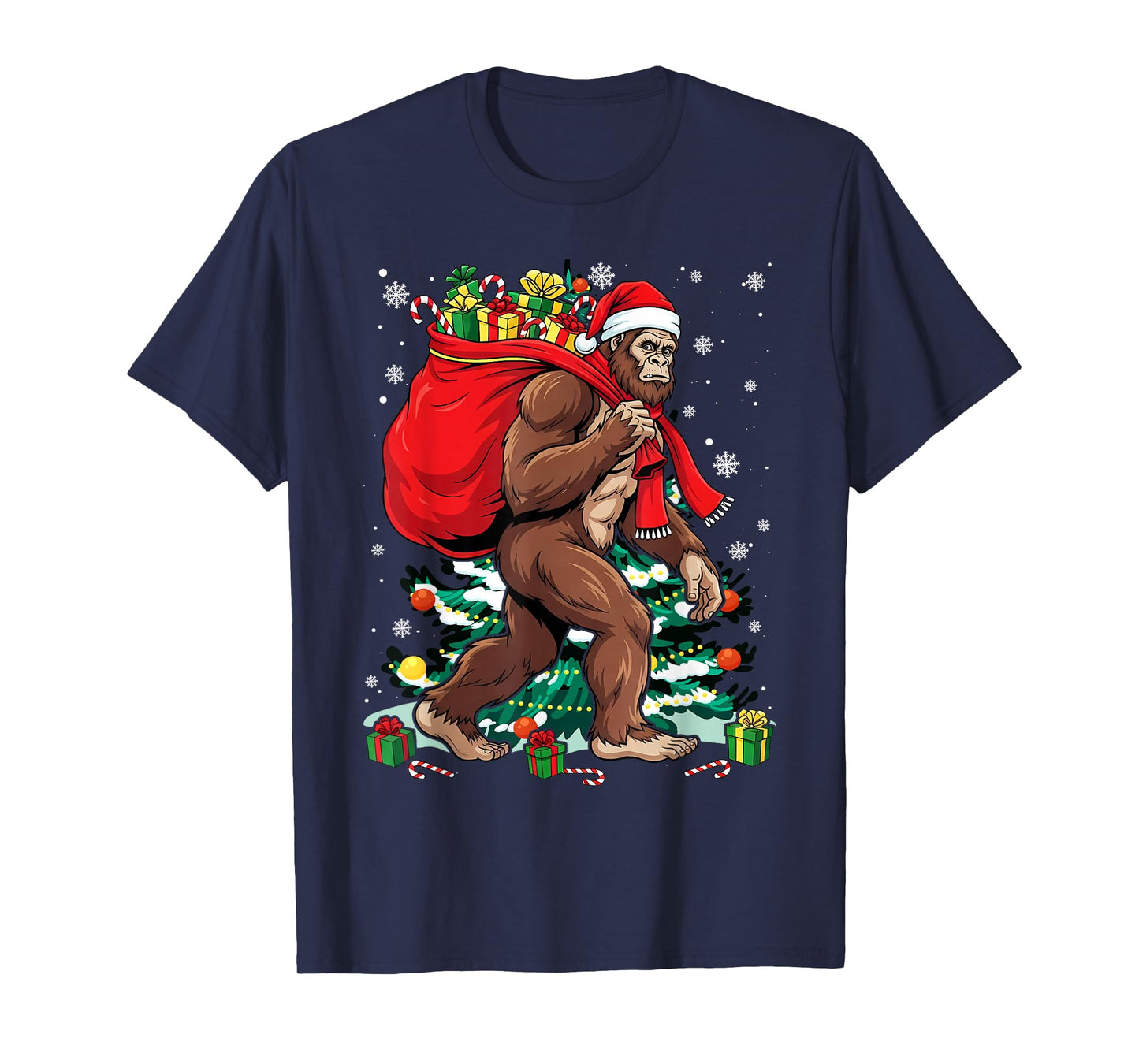 Bigfoot Santa Carrying Christmas Bag Xmas Hat Sasquatch Men T-Shirt