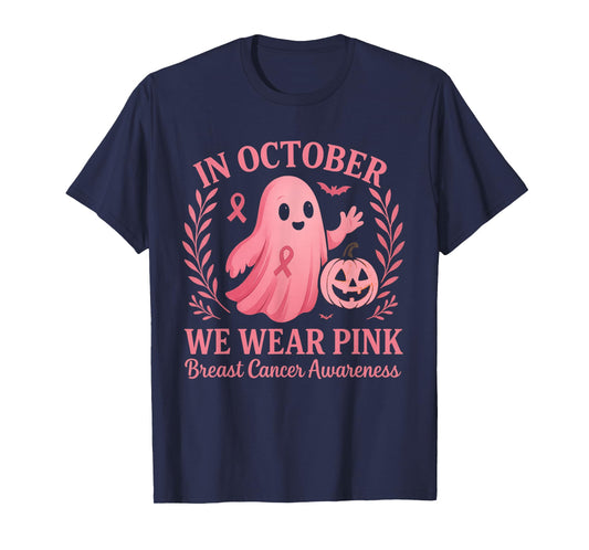 in October We Wear Pink Ghost Witch Breast Cancer Awareness T-Shirt