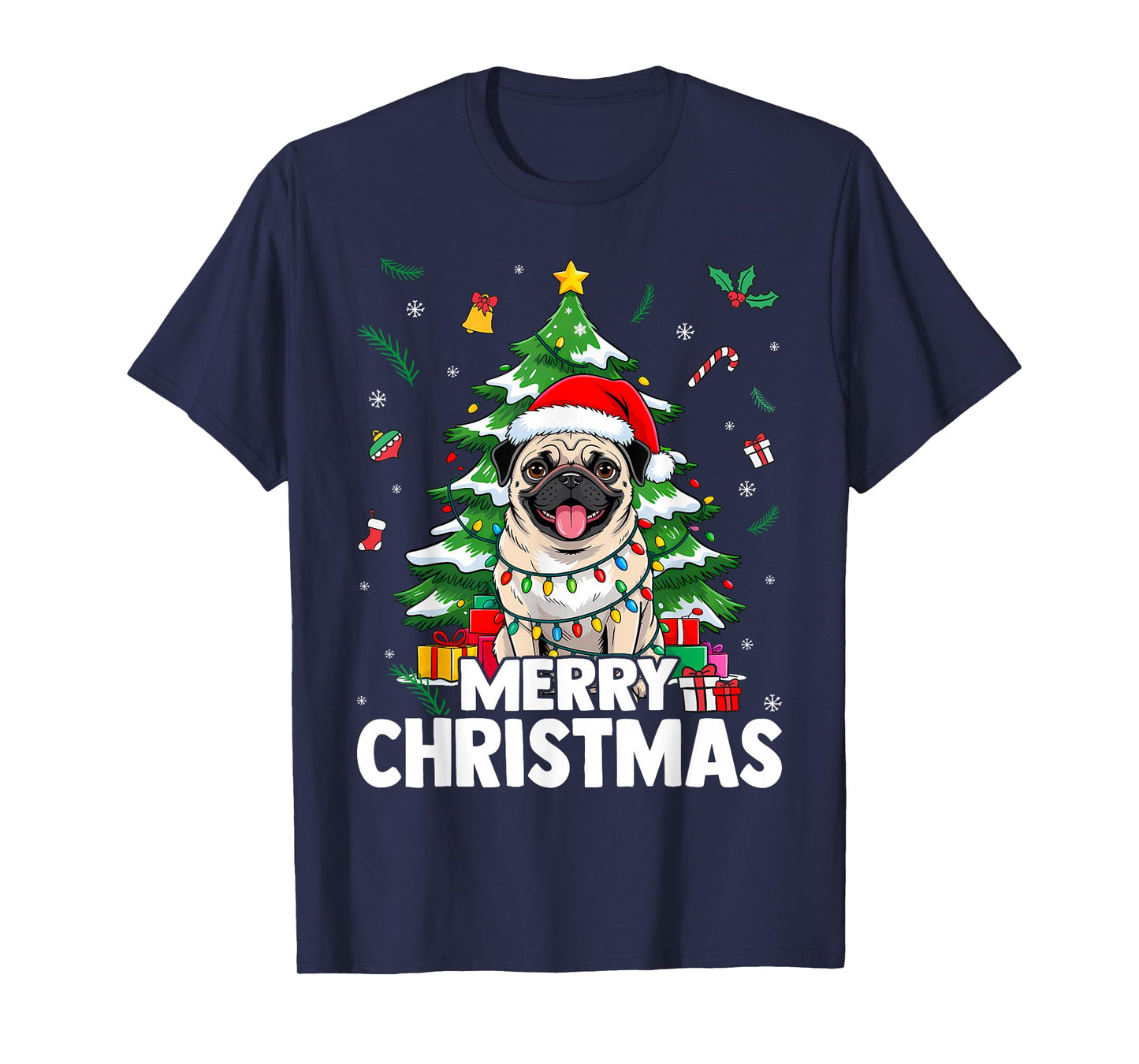 Merry Christmas Pug Cute Dog Holiday Lights and Santa Hat T-Shirt