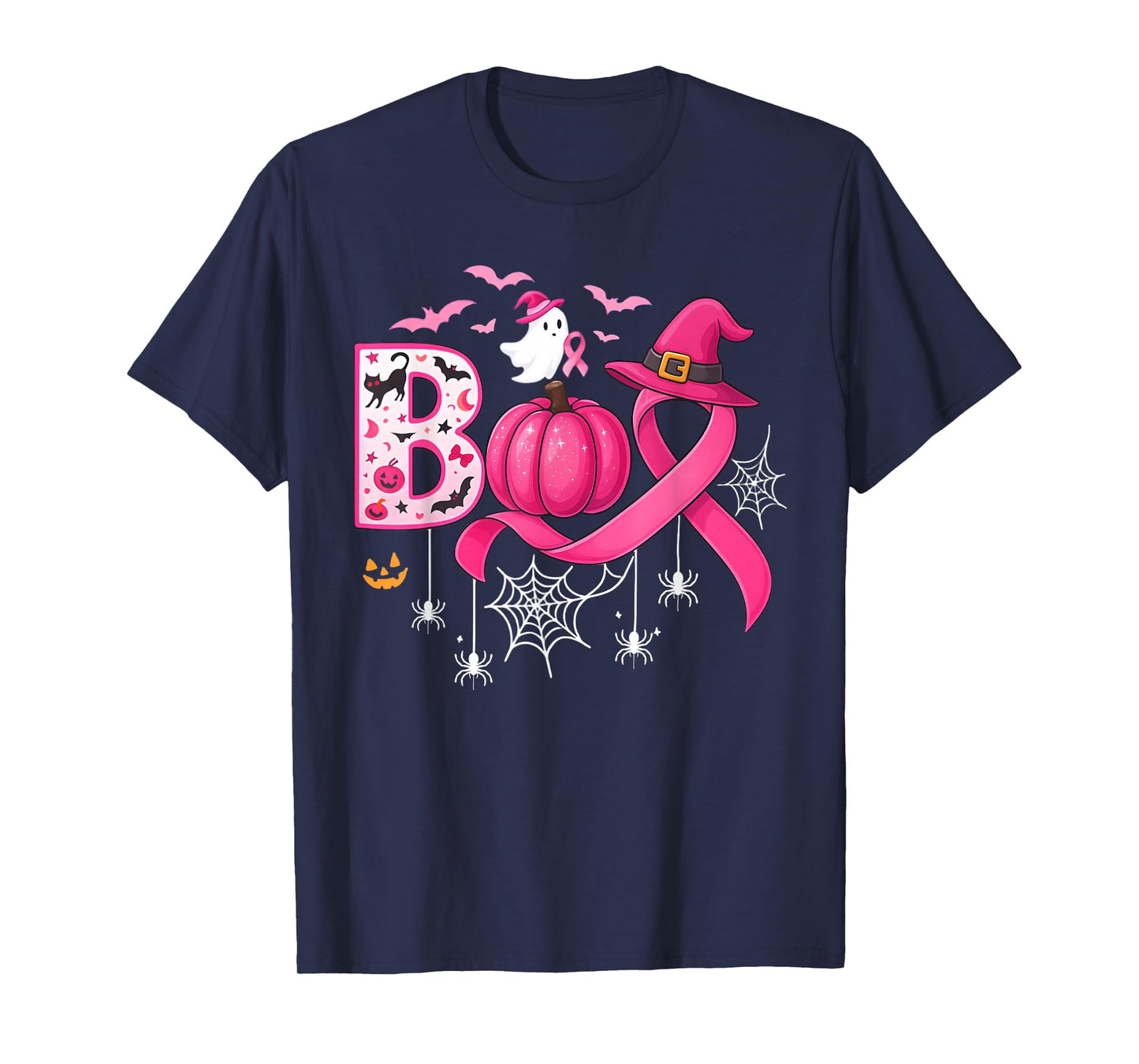 Boo Halloween Pumpkin Pink Ribbon Witch Breast Cancer T-Shirt