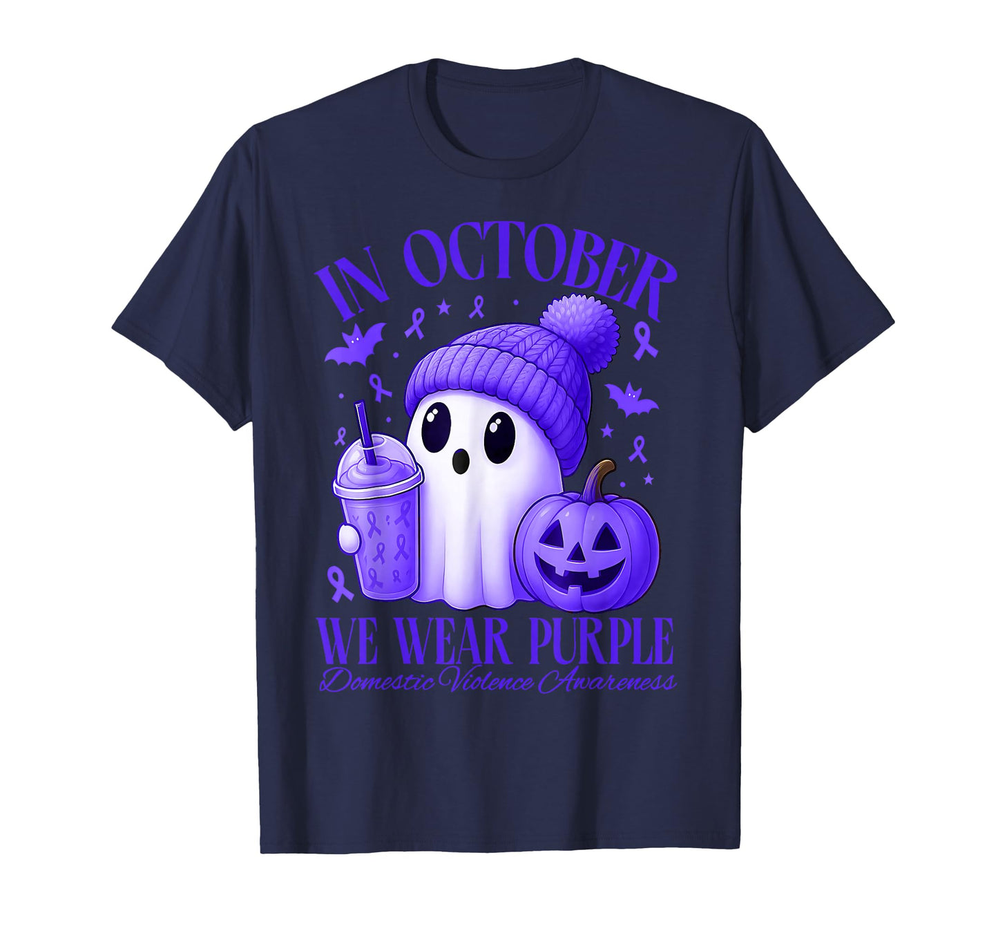 in October We Wear Purple Halloween Ghost Violence Survivor T-Shirt