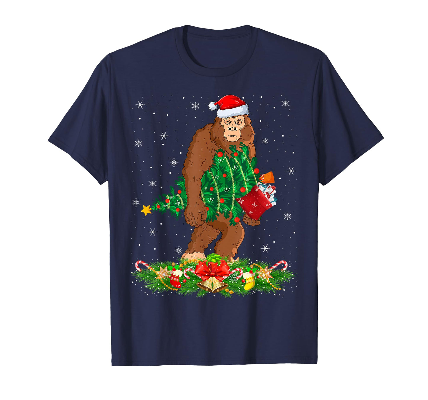Bigfoot Christmas Tree Lights Santa Hat Funny Sasquatch Xmas T-Shirt