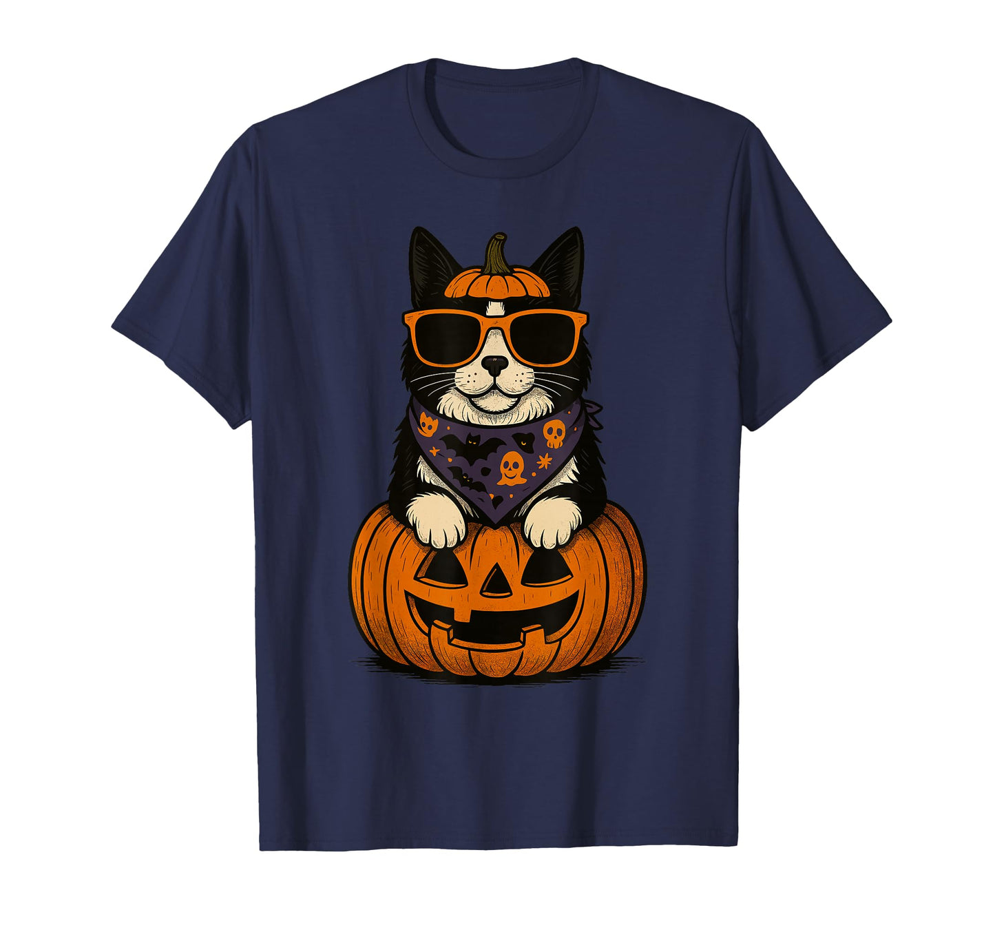 Spooky Tuxedo Cat Pumpkin Halloween Cat Lover T-Shirt