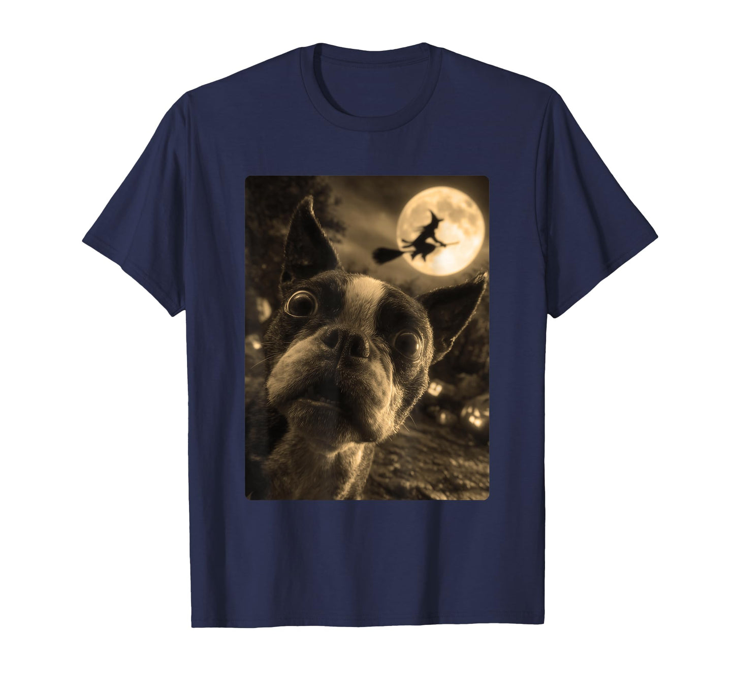 Boston Terrier Selfie Full Moon Flying Witch Halloween Dog T-Shirt