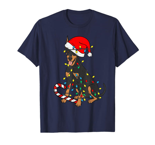 Doberman Dog Christmas Lights Santa Xmas Pet Dog Lover T-Shirt