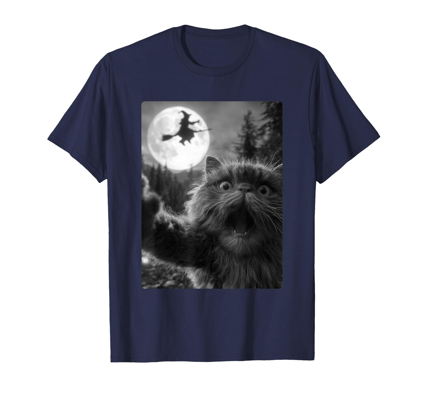 Funny Persian Cat Selfie Full Moon Flying Witch Halloween T-Shirt