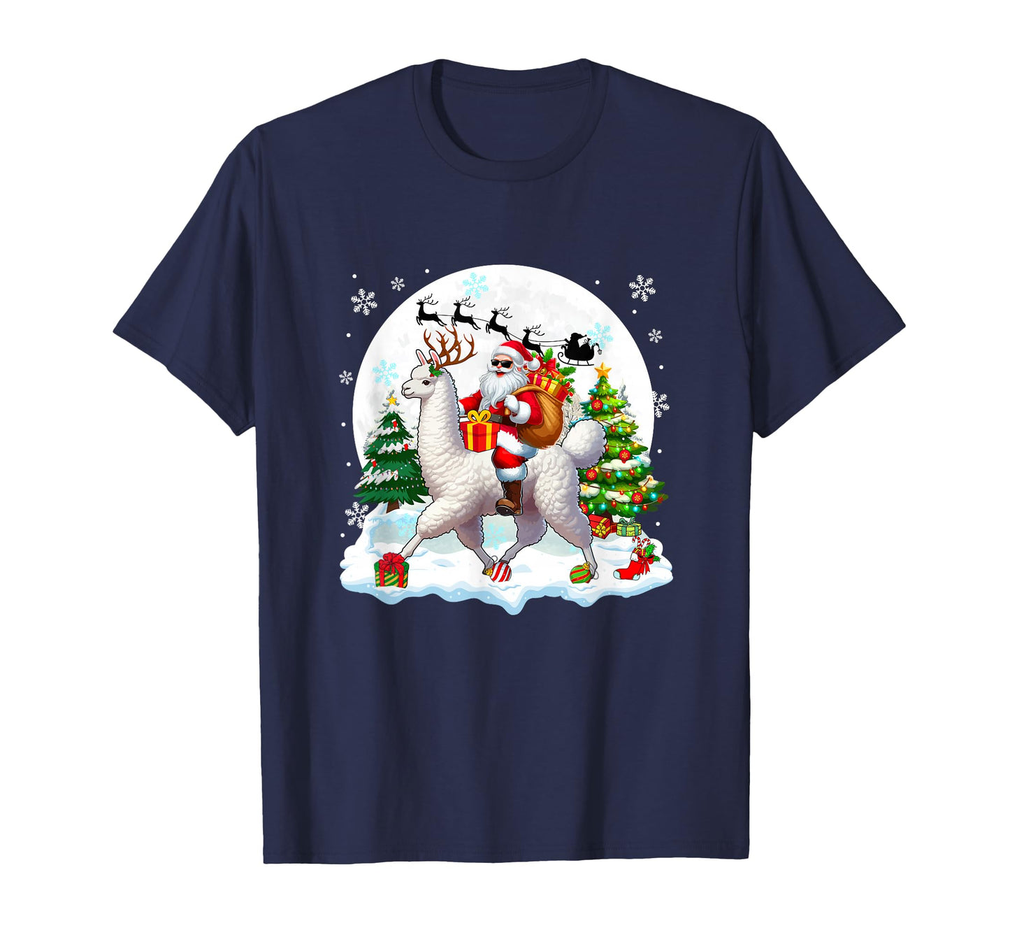 Santa Sunglasses Riding Llama Reindeer Christmas Snowman T-Shirt
