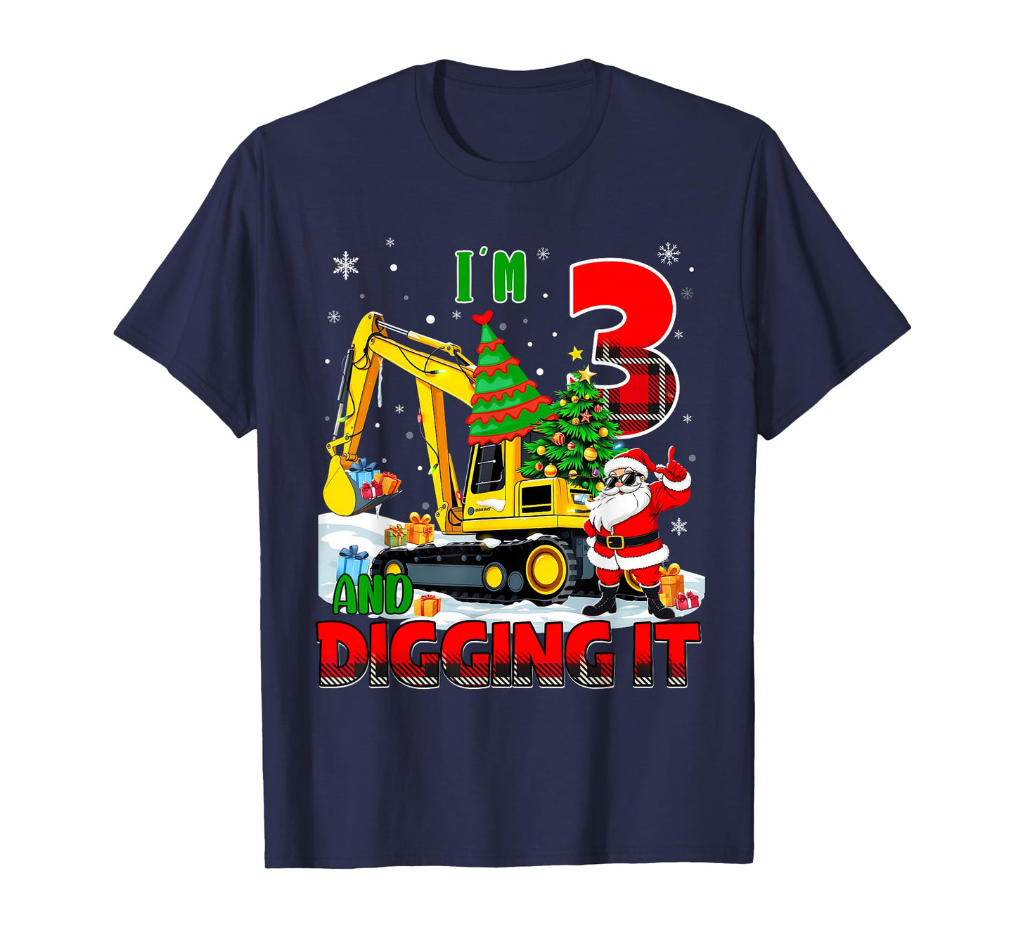 I'm 3 Construction 3rd Birthday Kid Boy Xmas Excavator Santa T-Shirt