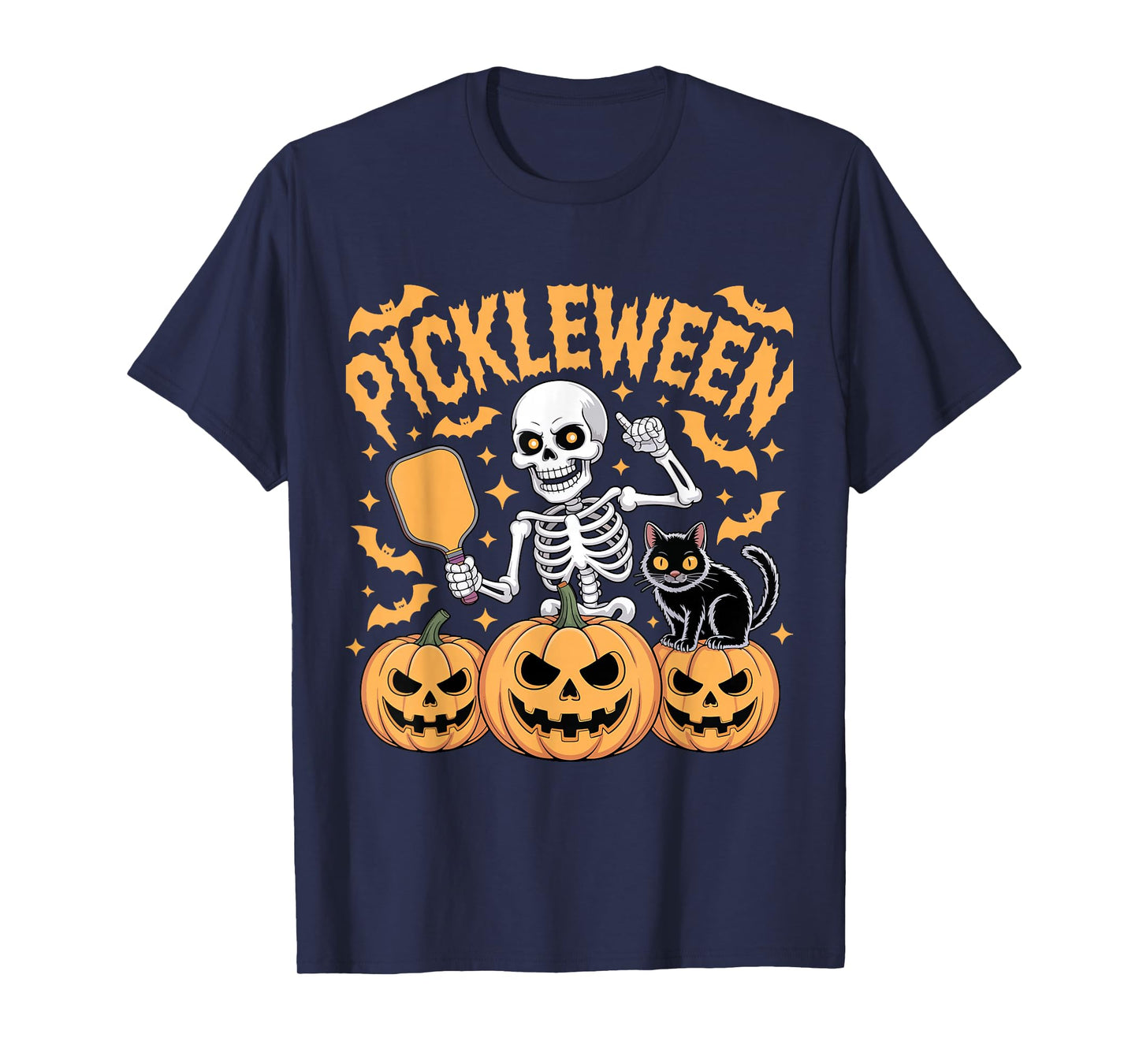 Pickleween Skeleton Cat Pumpkin Funny Halloween Pickleball T-Shirt