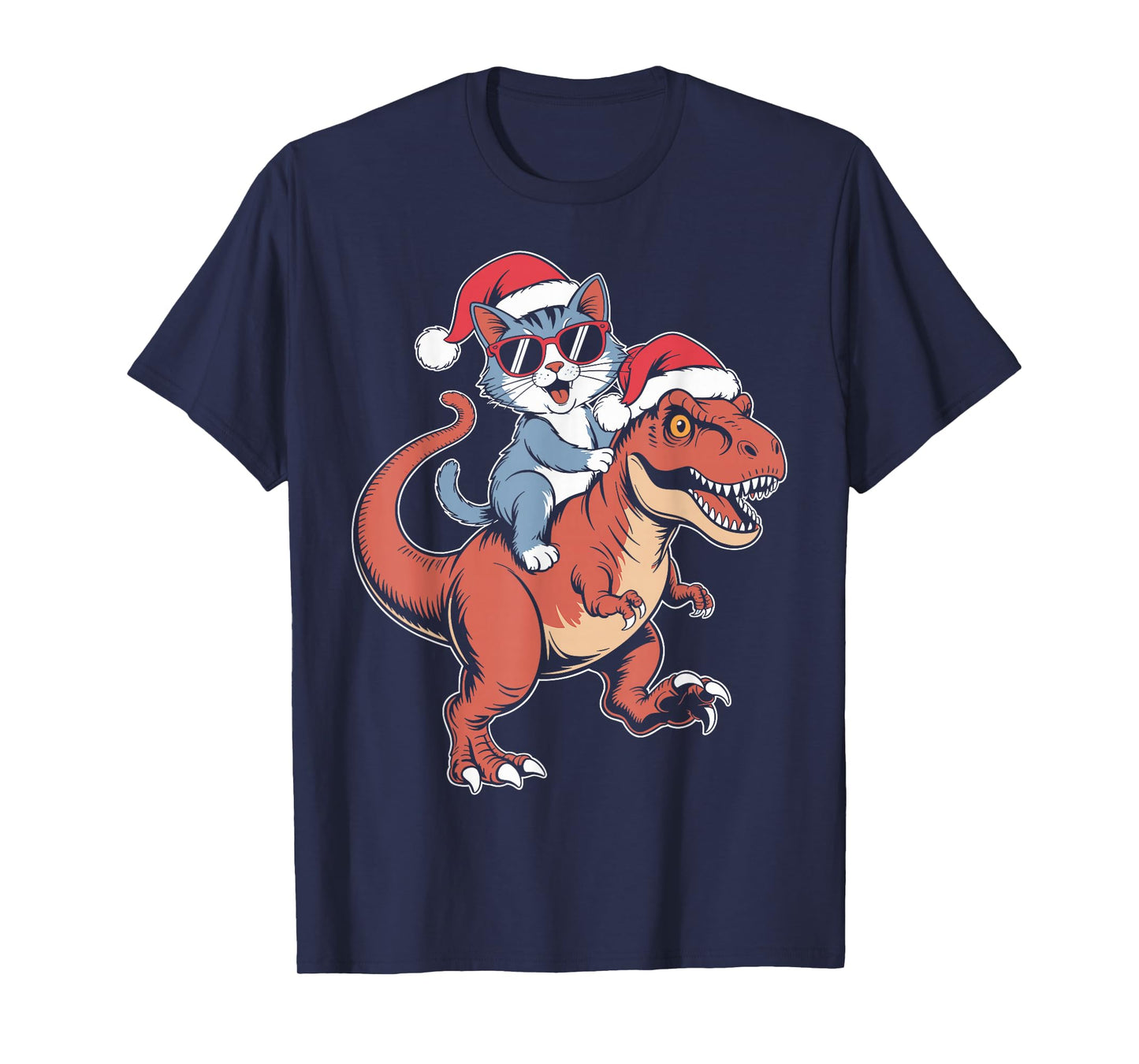 Cool cat Riding Dinosaur Christmas T-Shirt