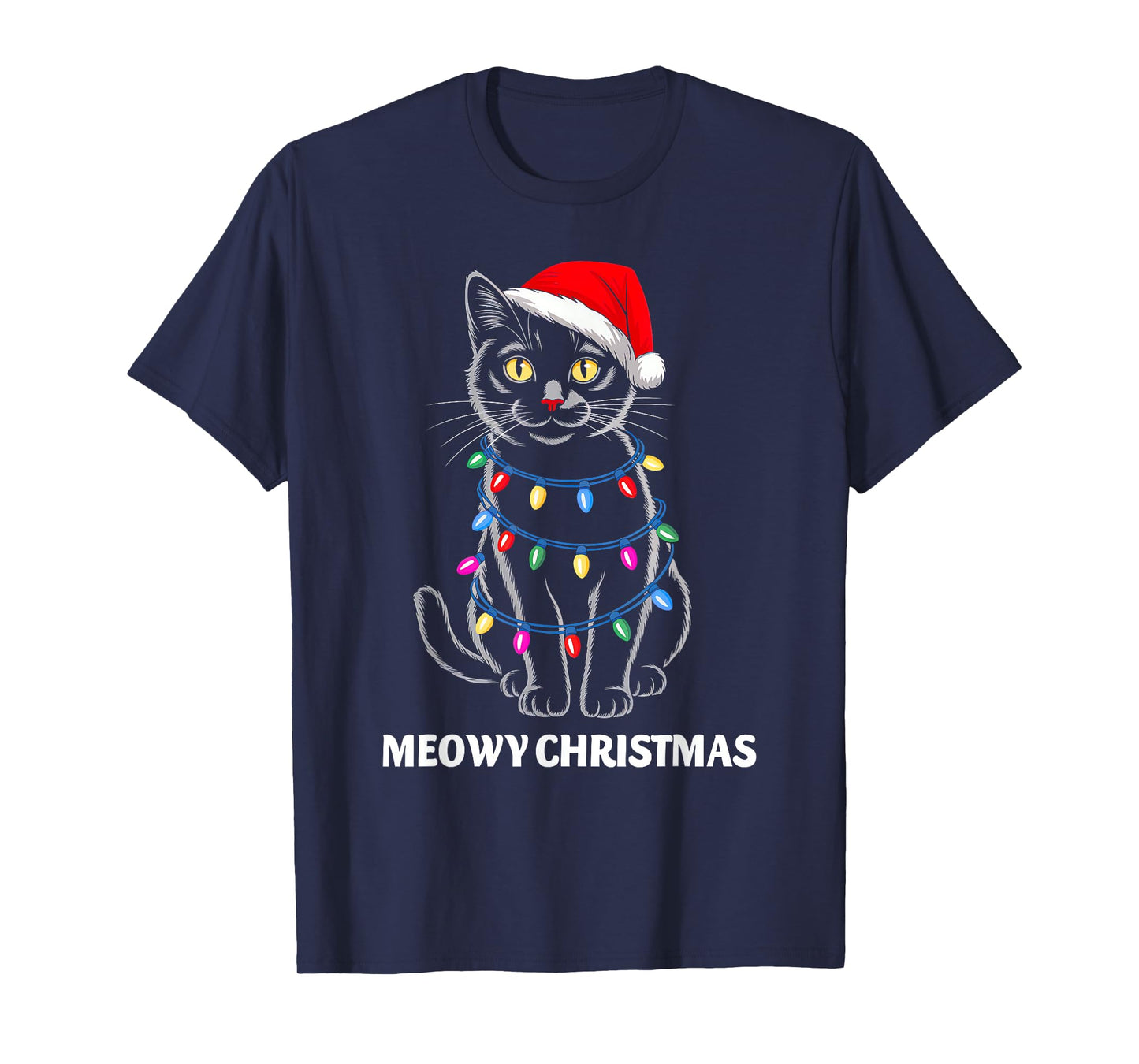 Meowy Christmas Lights Black Cat Santa Xmas Family Men Women T-Shirt