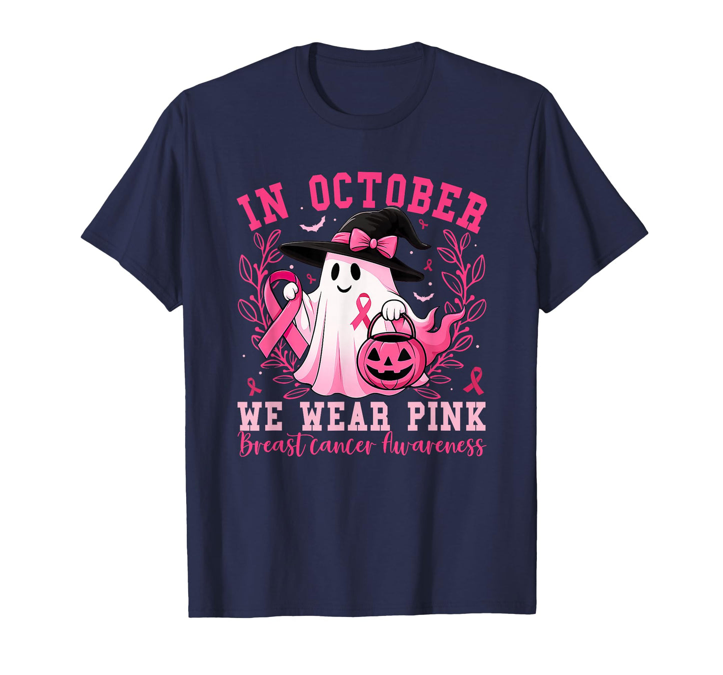 in October We Wear Pink Ghost Witch Breast Cancer Awareness T-Shirt