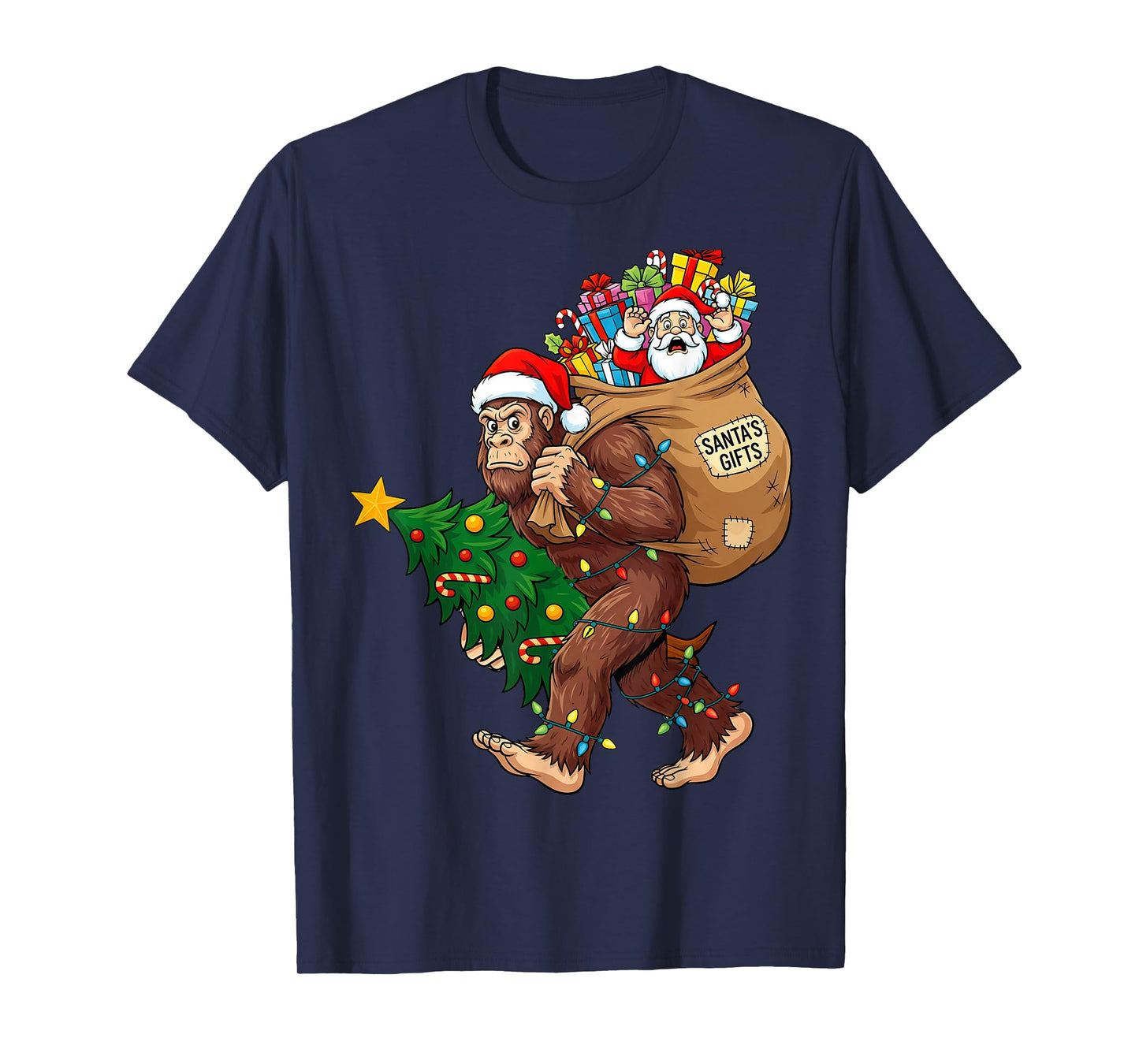 Funny Bigfoot Steals Santa & Xmas Tree - Christmas Sasquatch T-Shirt