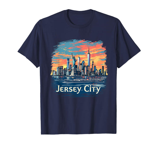 Vintage Jersey City New Jersey Sunset Skyline Cityscape T-Shirt