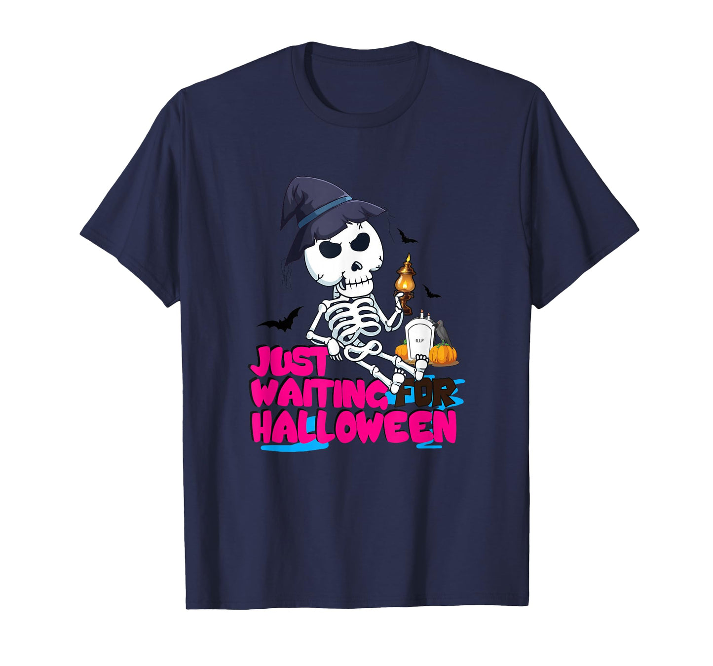 Just Waiting for Halloween Skeleton Witch Spooky Season T-Shirt