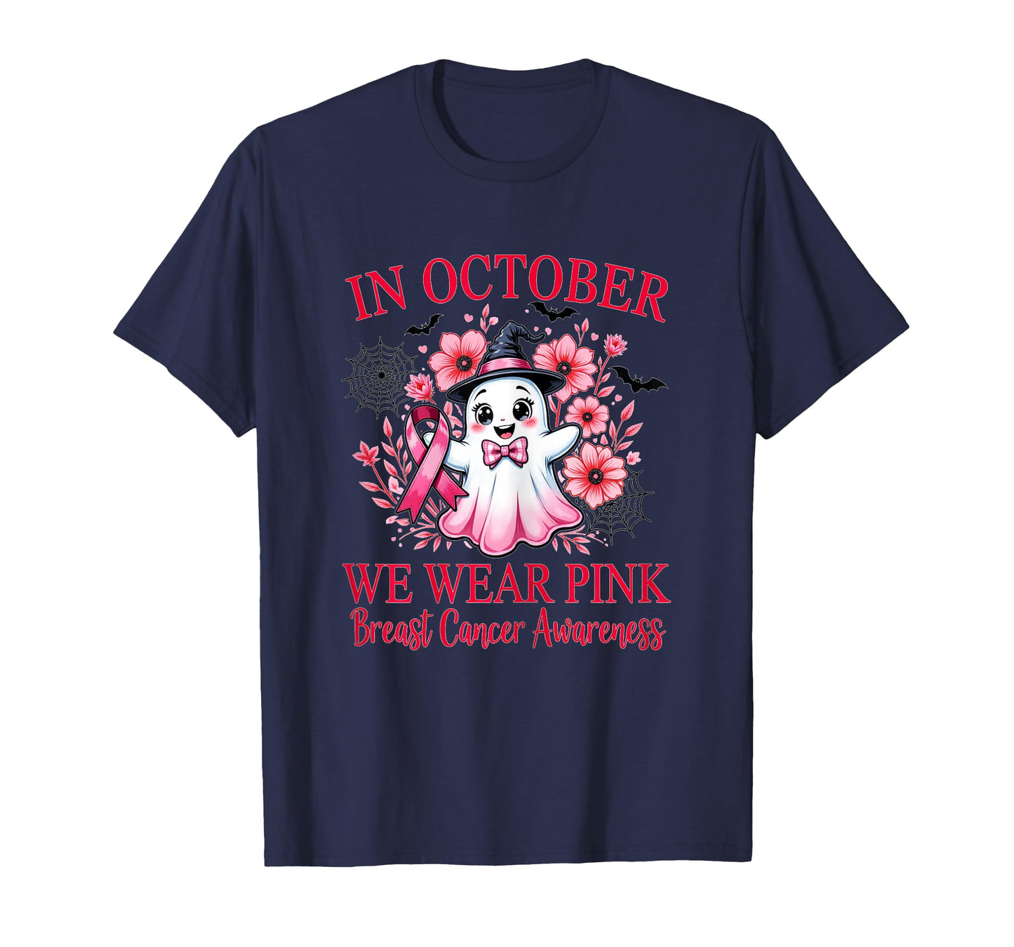 Pink Ribbon Breast Cancer Awareness Cute Ghost and Witch Hat T-Shirt