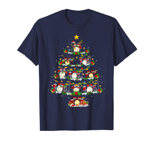 Drum Christmas Tree Lights Drum Music Lover Drummer Xmas T-Shirt