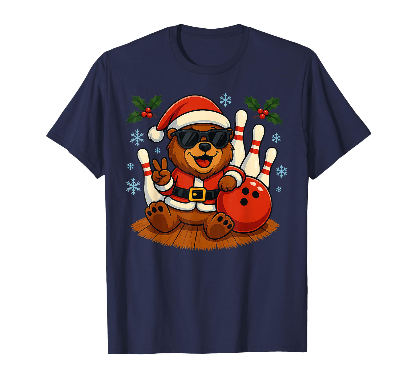 Santa Bear Bowling Christmas Funny Holiday Vibes Men Women T-Shirt