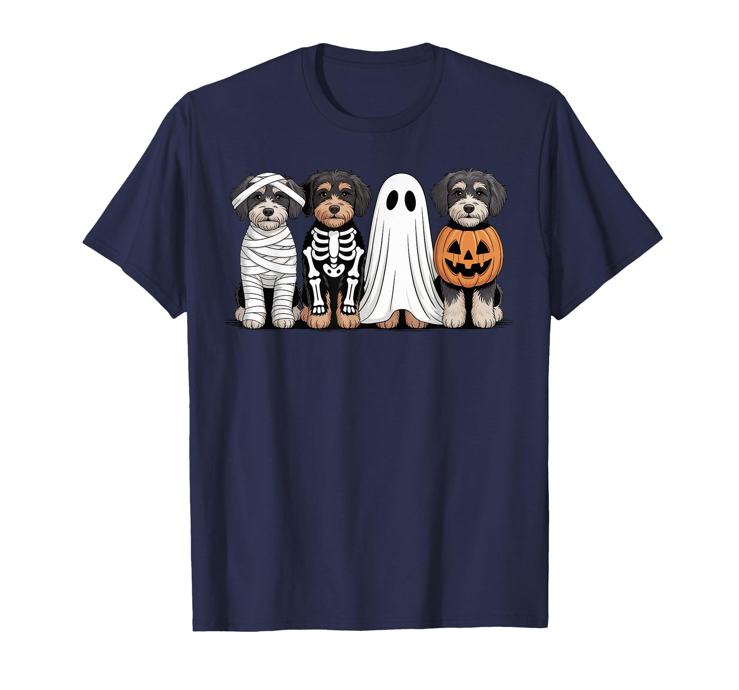 Spooky Ghost Aussiedoodle Pumpkin Halloween Dog Skeleton T-Shirt