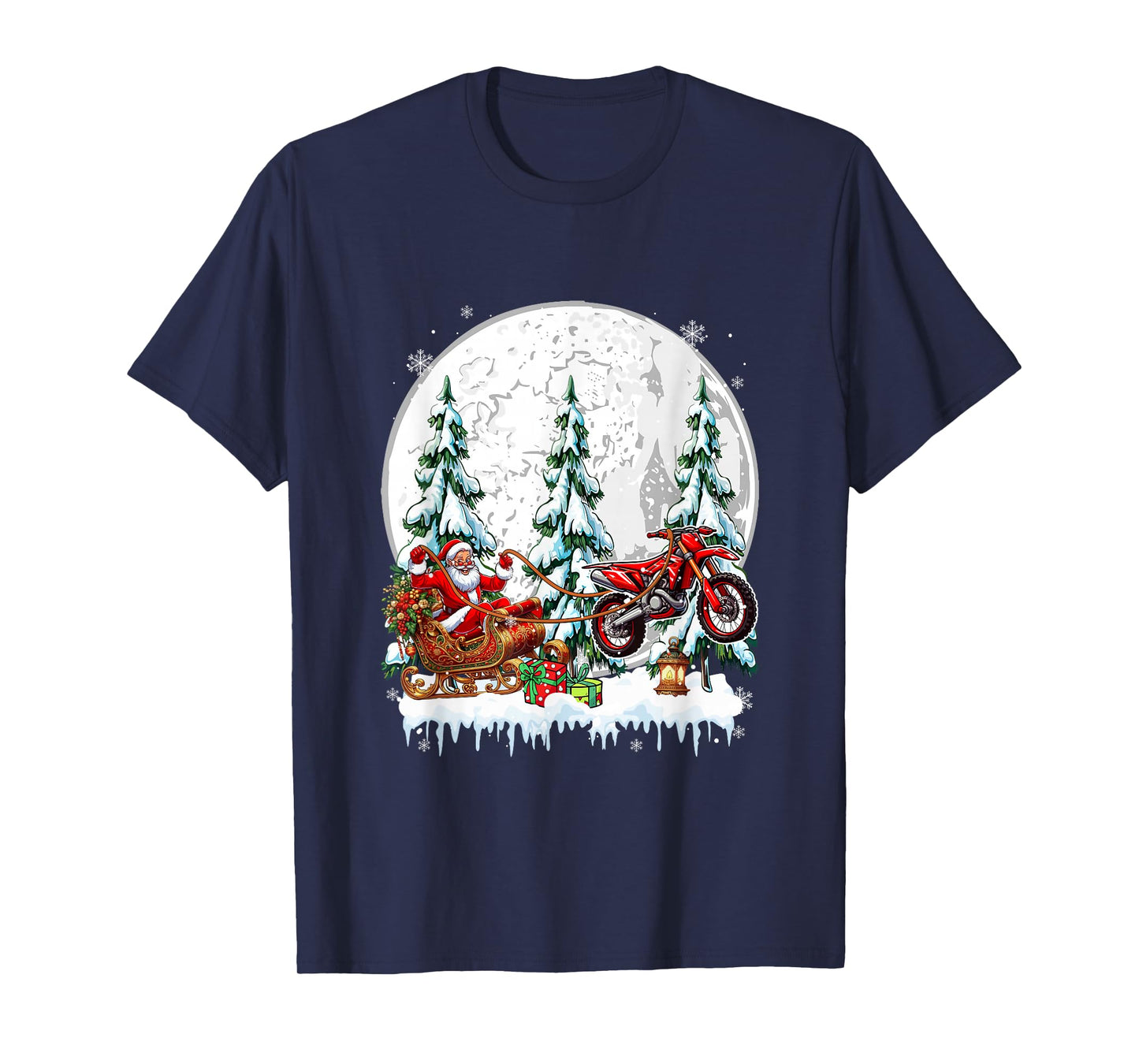 Santa Sleigh Reindeer Dirt Bike Xmas Trees Matching Biker T-Shirt