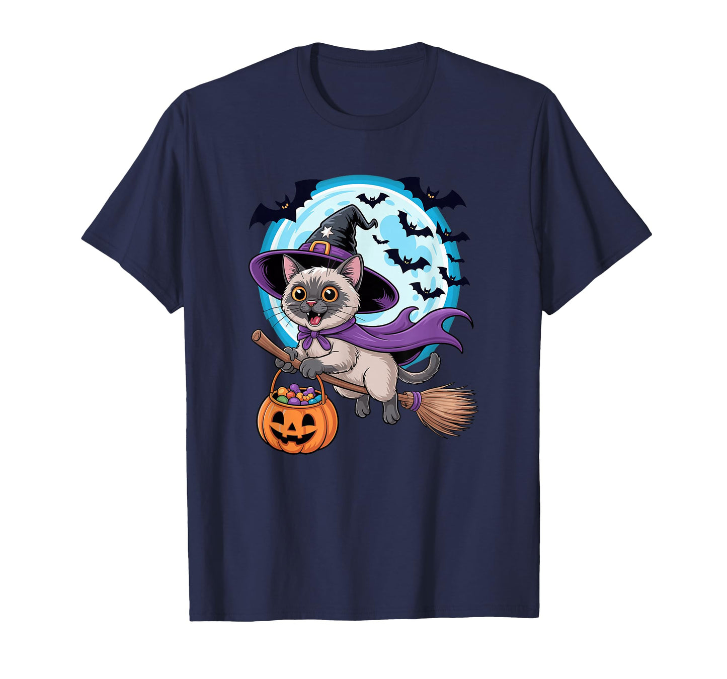 Halloween Witch Siamese Cat Moon Meezer T-Shirt